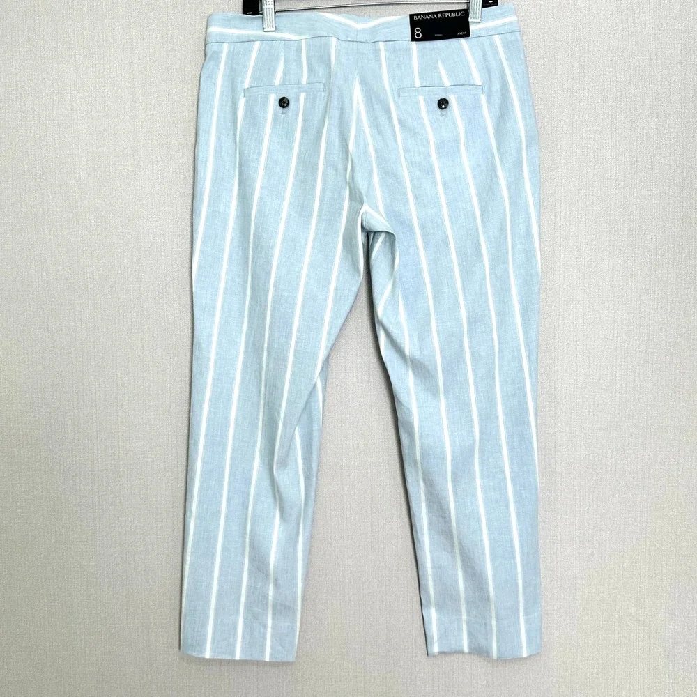 Banana Republic Avery Striped Linen Ankle Pants Light Blue White Womens Size 8R
